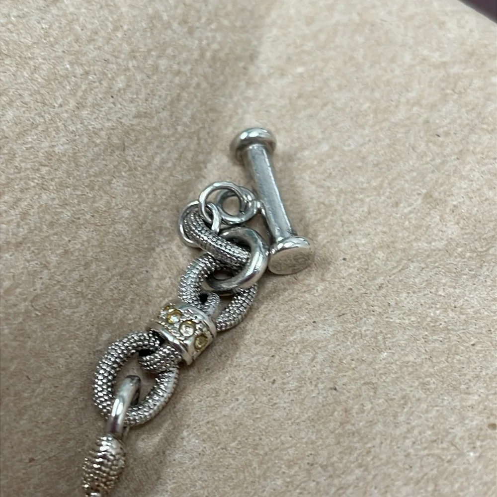 Vintage 925 Textured Silver Heart and Cubic Zirconia Toggle Bracelet